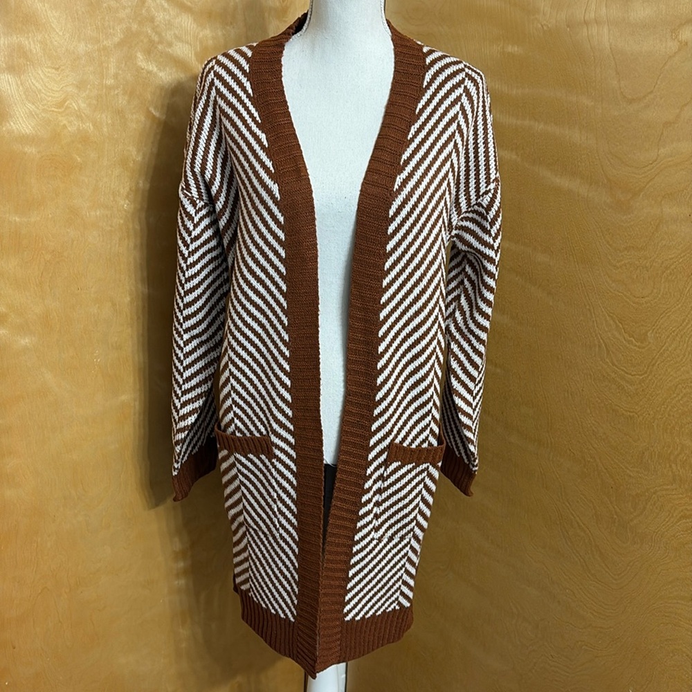 NWOT Fortune + Ivy Brown White Striped Long Sleeve Open Cardigan Sweater M
